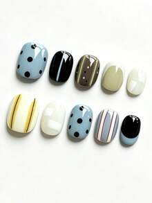 10pcs Retro Contrasting Hand-Painted Striped And Polka-Dotted Minimalist French-Style Simple Cream-White-Blue-Black Contrasting Color Versatile Daily Short Round-Shaped Vinyl Short Round-Shaped Handcrafted Business Casual Detachable Nail Art Sheet Nails - Multicolor - View 2