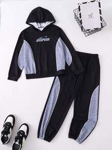 Tween Boy Autumn/Winter 2 Pieces Set, Side Patchwork Long Sleeve Top With Matching Cuffed Sweatpants, Logo Print Top And Bottom, Cool Casual Outfit - Black - View 6