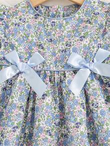 Autumn/Winter Mori Style Ditsy Floral Bow Decor Long Sleeve Dress For Social Gatherings, Baby Girl - Multicolor - View 4
