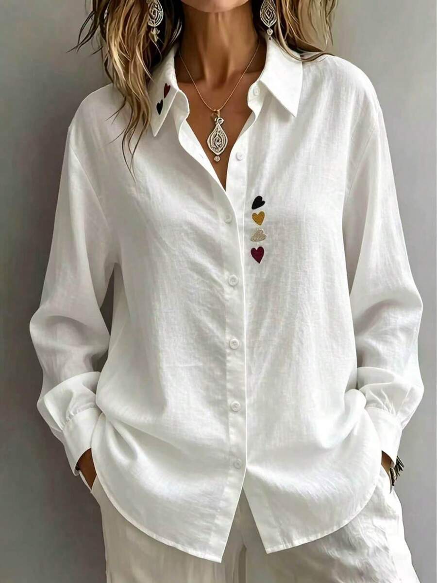 Women's Elegant Casual Turn-Down Collar Solid Color Long Sleeve Shirt With Colorful Embroidery Design, Versatile For , And Artistic Style White - White - View 1