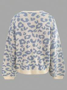 Plus Size Women's Street Fashion Leopard Print Jacquard Long Sleeve Knit Cardigan - Beige - View 6