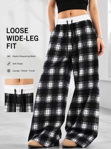 Y2K Decadent Style Wide Leg Pants Women Contrast Color Waistband Drawstring Long Pants Casual Sports Pants - Black - View 5