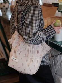 2025新款中式刺繡藝術清新仙氣布製托特包，單肩手提包，通勤大容量背心包 - 杏色 - 查看 4
