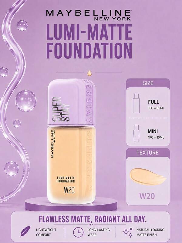 Base de maquillaje Maybelline Teint Idole Ultra Wear #W20, tamaño normal de 35 ml / muestra de 10 ml, ligera y de larga duración, resistente al sudor, acabado mate, cobertura eficaz, adecuada para tonos de piel neutros a naturales.