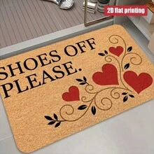 1pc Brown Background Red Heart Vine Print Shoes Off Please Doormat, Soft Pastoral Style Flannel Rounded Rectangle Rug, Symmetrical Scroll Leaf Design With 4 Red Hearts, Non-Slip Dust-Absorbing Water-Absorbent Entrance Mat, Suitable For Wedding Room, Entryway, Living Room, Indoor, All Season Daily Home Use - Multicolor - View 15
