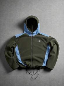American Outdoor Style Army Green & Light Blue Colorblock Fleece Hooded Jacket, Full Zip Waist-Cinching Loose Warm Jacket - Green - View 4