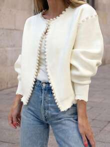 Solid Plain Print Pearl Beaded Trim Decor Crew Neck Bubble Lantern Sleeve Frayed Hem Knit Cardigan For Date Daily Commuter Spring Holiday White - White - View 1