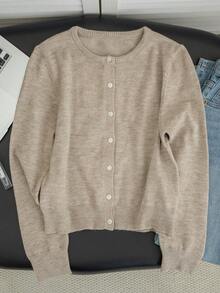 Autumn/Winter Casual Korean Sweet Style Khaki Round Neck Knit Cardigan, Short Fitted Slimming Gentle Elegant Versatile All-Match Long Sleeve Fall - Khaki - View 8
