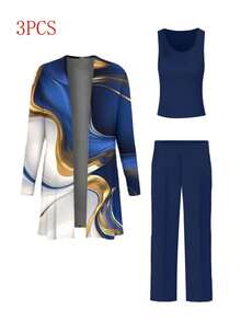 Plus Size Women's Fashionable Printed Elegant 3 Pieces Set - Blue - View 3