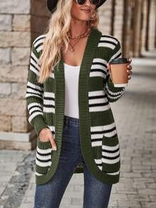 Cardigan Wanita Motif Garis Hijau Musim Gugur/Dingin, Dengan Saku, Lengan Panjang, Bagian Depan Terbuka, Gaya Liburan - MultiWarna - View 4