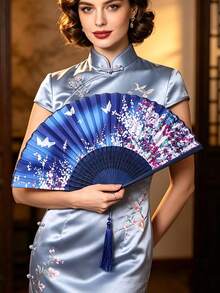 1PC Women Bamboo Folding Hand Fan, Butterfly Floral Handmade Fan With Tassel, Portable Chinese Dance Fan, Photo Prop, Wedding Party Gift Birthday Gift - Multicolor - View 1
