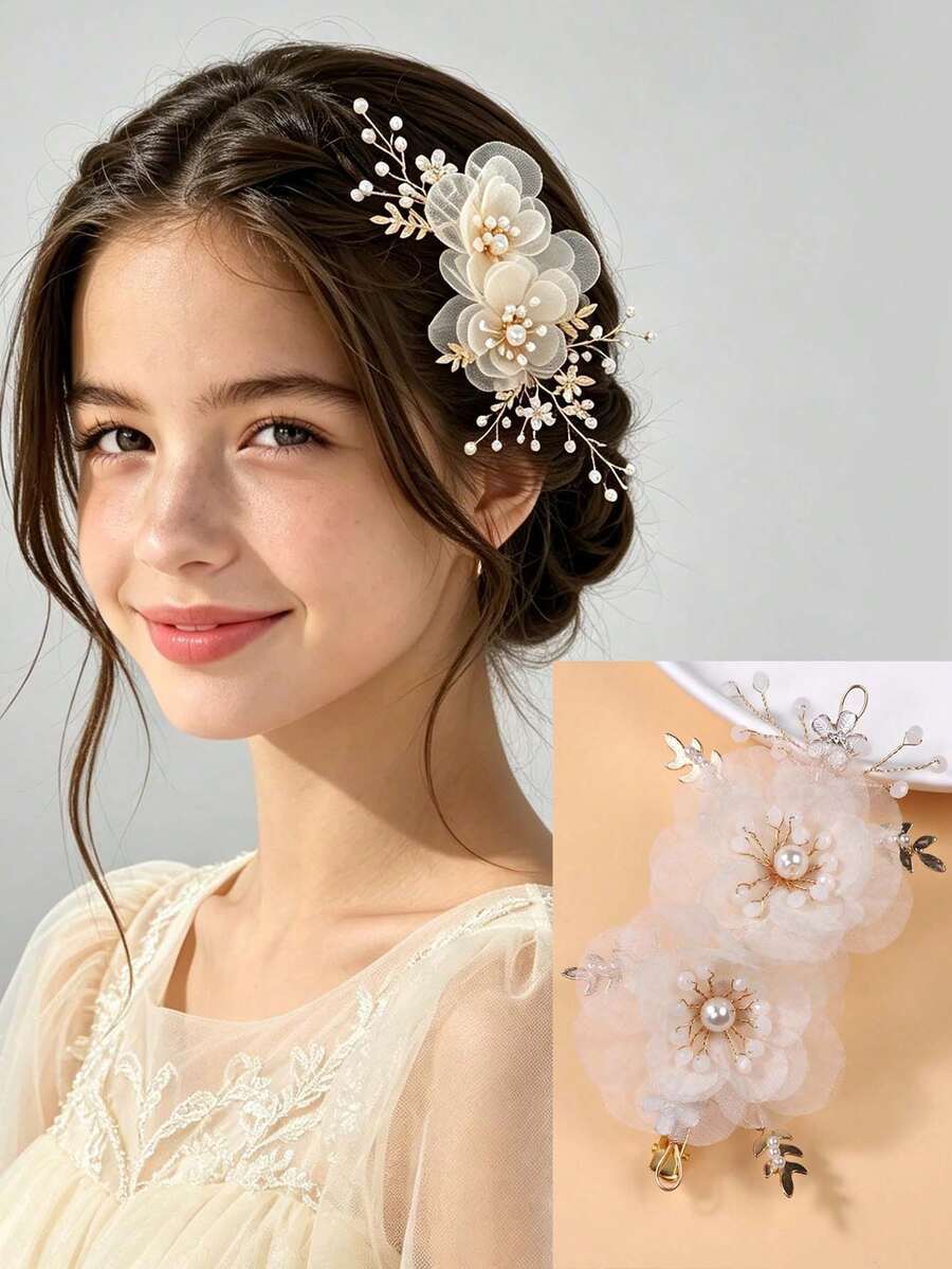 1 pieza Pinza para peinado de dama de honor de temporada de bodas con decoración de flor de perla y strass, adecuada para boda, fiesta o actuación con vestido - Beis - Ver 1