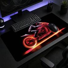 Blue Holographic Fighter/Red Neon Light Trail Transparent Motorcycle Rider Extended Gaming Mouse Pad, Large Non-Slip Rubber Waterproof Keyboard Desk Mat, Suitable For PC Laptop Gaming Office Desktop Decoration - View 3