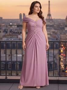 EVERPRETTY Elegante vestido largo formal de talla grande para mujer en color rosa loto, con cuello en V y patchwork bordado, encantador vestido formal sin mangas para la madre de la novia, adecuado para fiestas nocturnas, bodas y ocasiones formales - Rosa vieja - Ver 1
