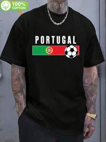 Portugal Team Grafik T-Shirt für Herren und Damen - 100% Baumwolle Rundhals mit Fußball- und Flaggen-Applikation, leichter Jersey - Schwarz - Übersicht 1