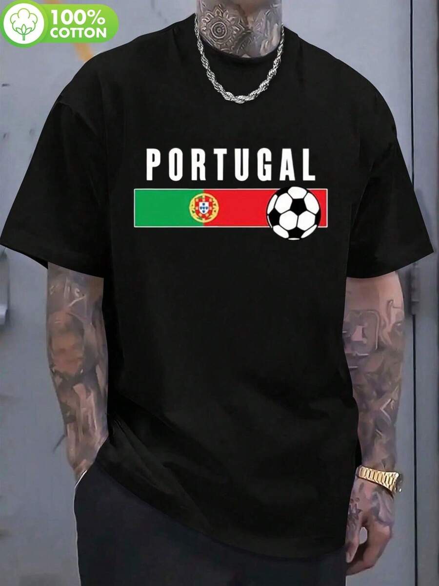Portugal Team Grafik T-Shirt für Herren und Damen - 100% Baumwolle Rundhals mit Fußball- und Flaggen-Applikation, leichter Jersey - Schwarz - Übersicht 1