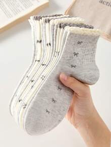 4 pares de calcetines de media caña para mujer con patrón de lazo y corazón, transpirables y cómodos, color aleatorio, adecuados para uso diario y salidas, estilo para todas las estaciones - Multicolor - Ver 7