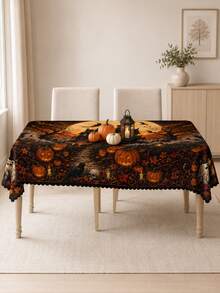 1pc Halloween Pumpkin Lantern Crow Ghost Tablecloth, Vintage Autumn Pumpkin Skull Bat Full Moon Print Round/Rectangular Tablecloth, Spooky Farmhouse Style Halloween Dinner Party Table Decor, Autumn Holiday Tablecloth - Multicolor - View 9