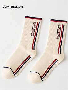 CLIMPRESSION Men's Pure Cotton Mid-Calf Fashion Boat Socks, Cute Letter Print Casual Sports Socks, Colorblock Socks, Suitable For Back To School Season Sports Running - White - View 3