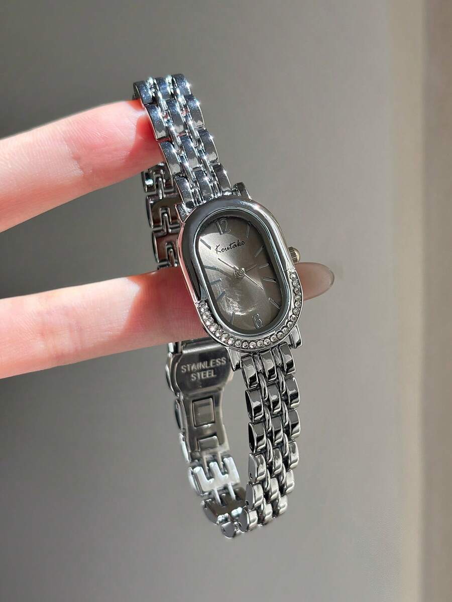 1pc Gold/Silver Square Bamboo Pattern Quartz Watch, Suitable For Daily Wear, Birthday Gift, Christmas Gift - Silver - View 1