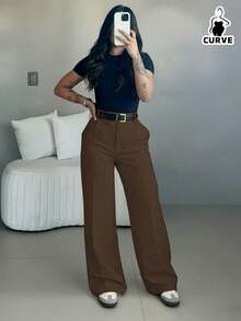 Women's Plus Size Woven Straight Leg Pants With Button & Zipper Detail Long Medium Stretch For Fall Outfits Brown - Brown - View 5