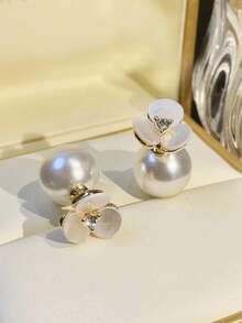 1 Pair Front & Back Emerald Green Rhinestone Faux Pearl Earrings, Versatile & Elegant For Women - White Diamond - View 11