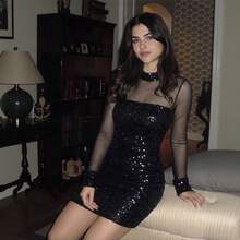 CHOSMO Robe courte sexy et élégante à sequins, détails en maille de couleur contrastée, tenue de soirée romantique pour mariage, noir, automne - Noir - Voir 6
