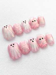 10PCS Sweet & Cool Y2K Cute 3D Pink Ghost Halloween Press-On Nails, Short Square Mesh Spider Web Design, Shiny Reusable Handmade Fake Nails, Suitable For Girls' Halloween Manicure, Short Round False Nails - Pink - View 3