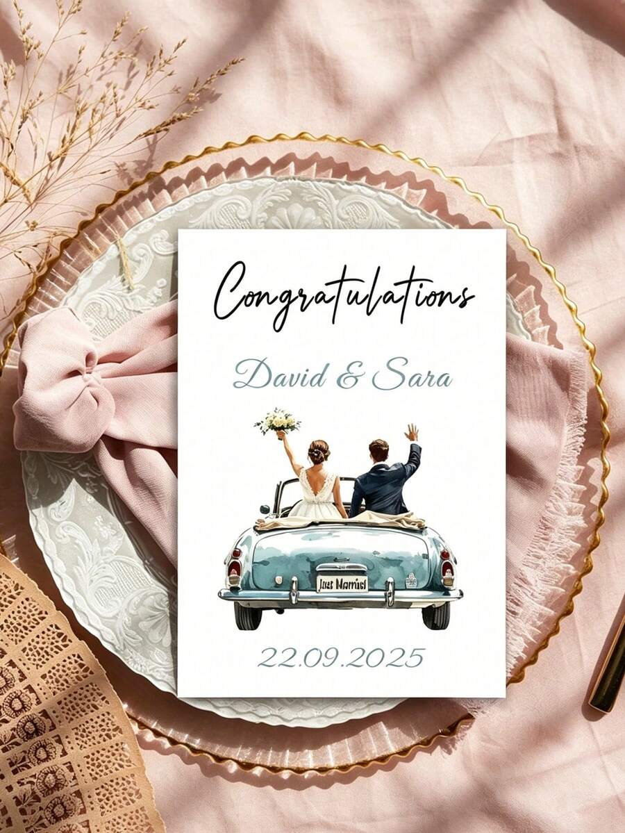 Personalized Single Greeting Card, Printed With Name And Date, Suitable For Wedding, Engagement Or Anniversary. This Gift Card Features Sincere Congratulations Message, Customizable For Newlyweds To Create A Unique Greeting Card - Multicolor - View 1