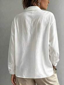 Women's Elegant Casual Turn-Down Collar Solid Color Long Sleeve Shirt With Colorful Embroidery Design, Versatile For , And Artistic Style White - White - View 3