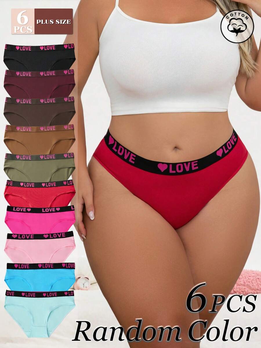 6pcs Plus Size Women Letter & Heart Printed Briefs, Sporty - Multicolor - View 1