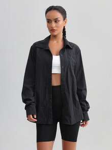 Women's Summer Ice Silk UPF50+ Sun Protection Jacket, UV-Resistant Skin Shirt, Quick-Dry Fashion Printed Outdoor Sports Versatile Shacket Black - Black - View 4
