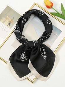 1pc Bohemian Paisley Pattern Silk Scarf, Size 27.5" X 27.5", Fashion Design, Suitable For Daily Wear - S17916 - Black - View 3
