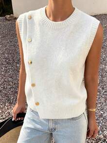 1pc Solid Color Cropped Round Neck Asymmetrical Button Accessory Design Fashion Layering Sleeveless Knit Vest White Summer - White - View 9