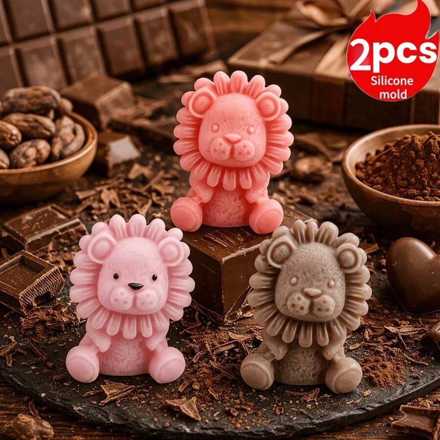 2pcs Silicone Mold Cute Little Lion Scented Candle Mold | Elastic Heat-Resistant Non-Deforming | Easy Release, Suitable For Epoxy Resin And Cement Handmade Crafts - Two Lion Molds, One With a Large Mouth and the Other With a Small Mouth. - View 1