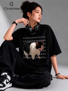 AAAAA Cat Meme T-Shirt Unisex Men's And Women's Blouse 100% Cotton Premium Top Streetwear New Release Immediate Shipping Various Colors!! Plus Size - 黑色 - 查看 3