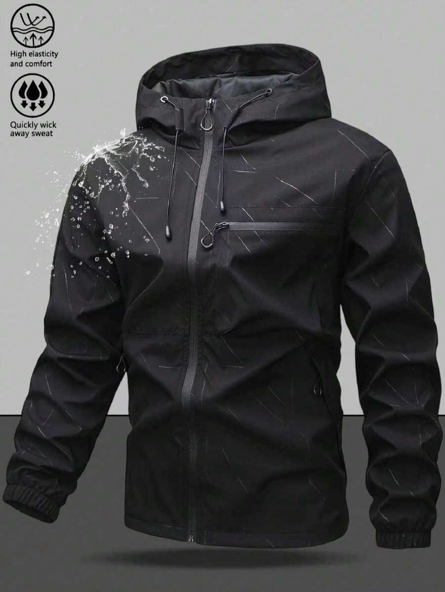 Men's Hooded Drawstring Soft Shell Windbreaker Jacket, Sports Casual, Large Chest Pocket With Zipper, Dual Side Large Pockets With Zipper Storage, Suitable For Daily Wear, Versatile Bestseller Jacket