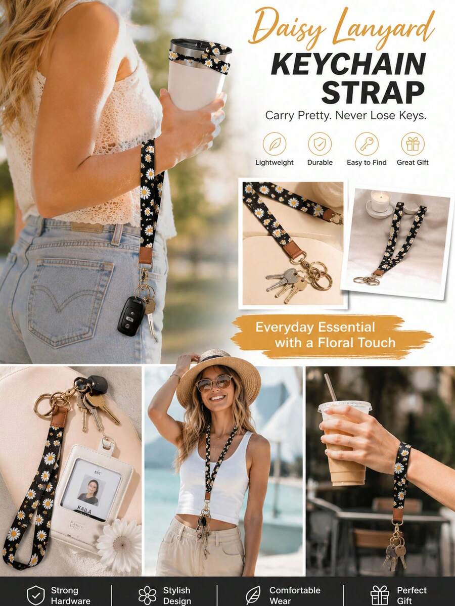 1pc Leopard & Daisy Print Lanyard, Leather Neck Strap, ID Badge Holder, Key/Phone/Card Keychain Lanyard - Multicolor - View 1