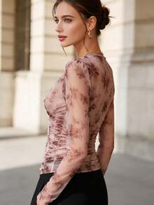 Autumn/Winter French Floral Sexy Thin Semi-Sheer Fitted Cold Shoulder Print Top - Multicolor - View 3