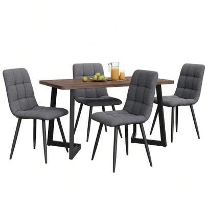 Dining Set (5-Piece), Dining Table With 4 Chairs, Modern Kitchen Table Set, Wood Grain Kitchen Table With Black Metal Legs, Walnut-Colored MDF Tabletop, Dark Gray Linen Dining Chairs