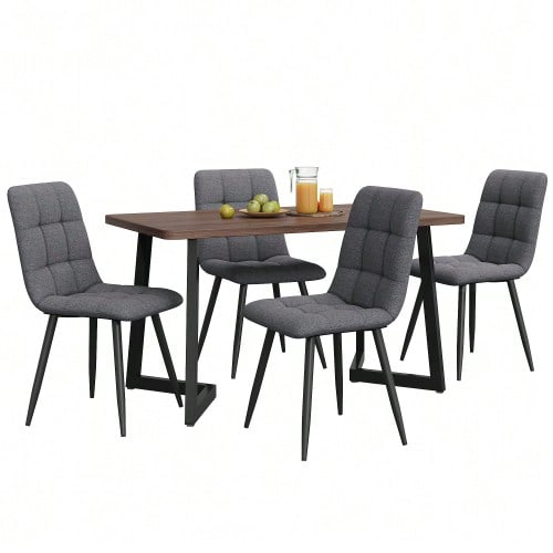 Dining Set (5-Piece), Dining Table With 4 Chairs, Modern Kitchen Table Set, Wood Grain Kitchen Table With Black Metal Legs, Walnut-Colored MDF Tabletop, Dark Gray Linen Dining Chairs
