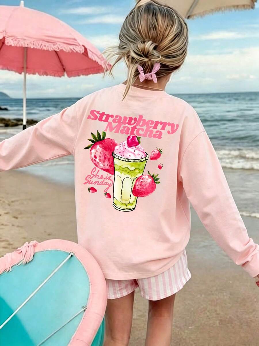 Cute Strawberry Milkshake Print Girls Long Sleeve T-Shirt, Soft Daily Fall Top - Pink - View 1