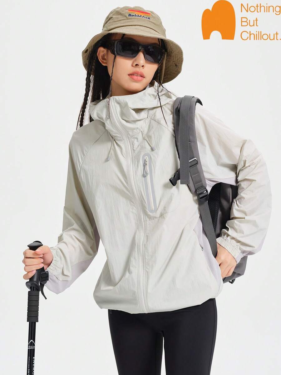 NBCT Women's Minimalist Colorblock Hooded Lightweight Jacket, Casual Long Sleeve Outerwear, Multiple Colors Available - Grey - View 1