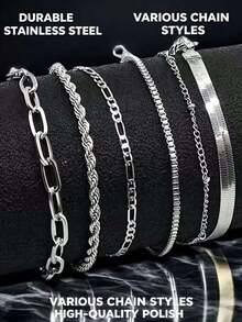 6pcs Minimalist Stainless Steel Chain Bracelet Set, Unisex Non-Fading Stackable Cuban Chain, Suitable For Daily Wear, Music Festival, Party, Vacation Outfit Accessory, Holiday Gift (Note Size: 20+5cm/7.87+1.97in) - Silver - View 12