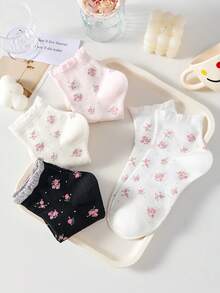 4 pares de calcetines invisibles de moda para mujer con estampado floral, calcetines de tobillo con ribete de encaje, calcetines tipo barco, calcetines minimalistas suaves y transpirables, calcetines blancos, adecuados para uso diario casual, adecuados para primavera, verano y todas las estaciones - Multicolor - Ver 7