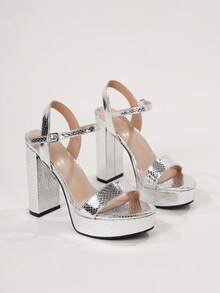 Fashion Chunky Heel High Platform Back Strap Sandals, Suitable For Halloween, Thanksgiving Special Offer, Christmas Wear - Silver - View 6