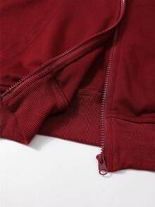 Sweatshirt Wanita Warna Burgundy dengan Resleting, Tali Serut, dan Saku, Lengan Panjang, Potongan Reguler, Bahan Rajut, Cocok untuk Dipakai di Musim Gugur/Musim Dingin - Burgundy - View 7