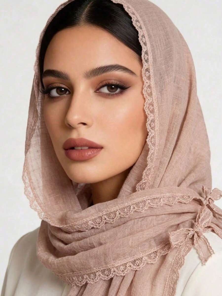 1 pezzo Elegante sciarpa da testa con bordo in pizzo tinta unita, scialle multifunzionale da donna, fascia per capelli vintage, scialle in cashmere leggero e artistico, regalo ideale per la festa della mamma - Sciarpa di pizzo a fiocco - Visualizzare 1