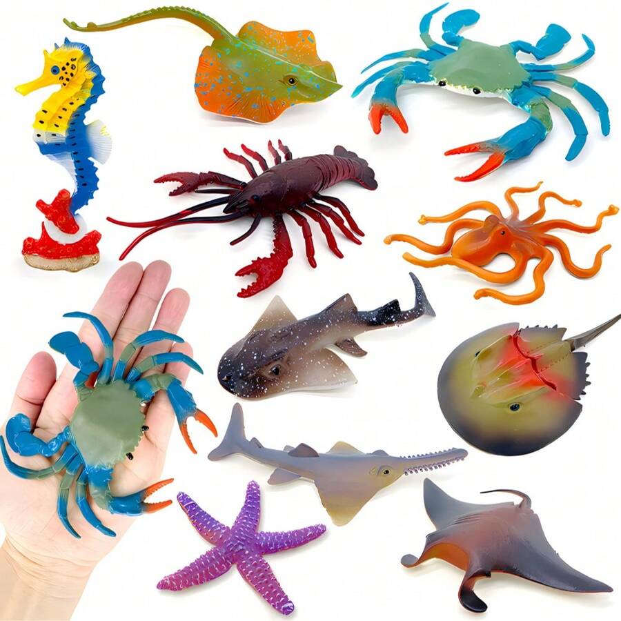 10款大號純色手繪PVC海洋動物模型，螃蟹、海馬、章魚、魟魚，兒童教育蛋糕裝飾節日禮物