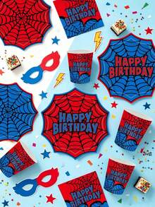 10pcs/20pcs/70pcs Spider Web Birthday Paper Tableware Set, Red & Blue Spider Web Design 7/9 Inch Paper Plates, 3.5 Inch Cups, 6.5 Inch Napkins, Hero Theme Birthday Party Supplies, Hero Theme Birthday Party Decoration Tableware Set - Multicolor - View 4